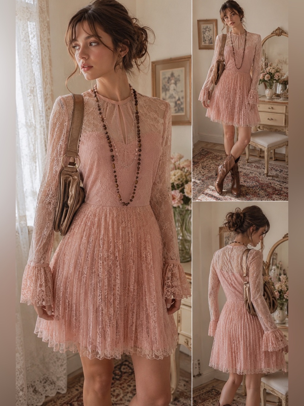 H&M Blush Pink Lace Pleated Dress Size 10 Romantic Boho Cottagecore